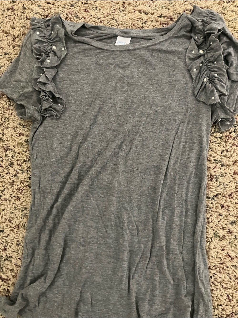 Time and Tru Gray Short Sleeve Ruffle Tee with Pearl Accents